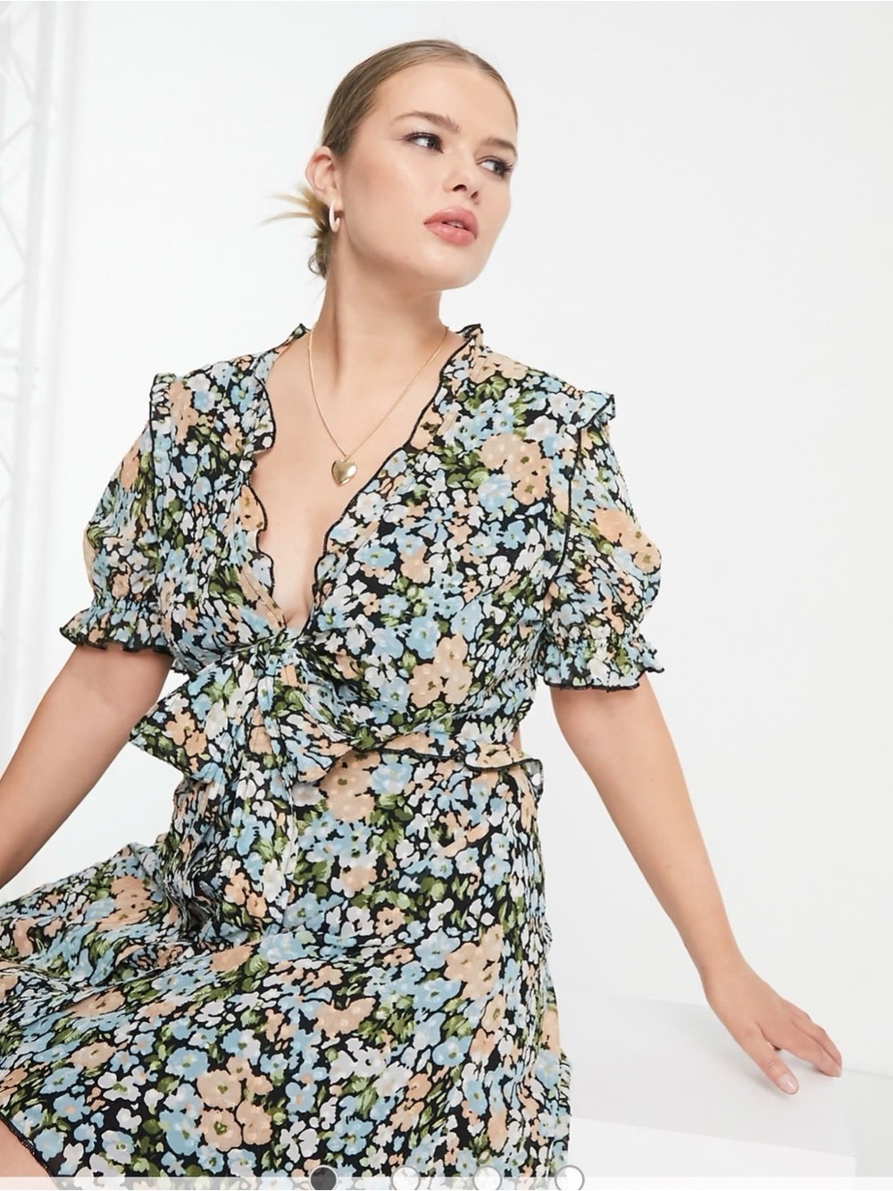 ASOS DESIGN Curve tie front mini dress with ruffle skirt in floral print